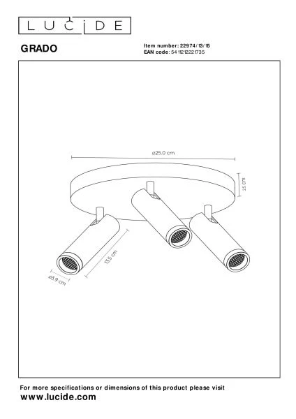 Lucide GRADO - Spot plafond - Ø 25 cm - 3xGU10 (MR11) - Fer gris - technique